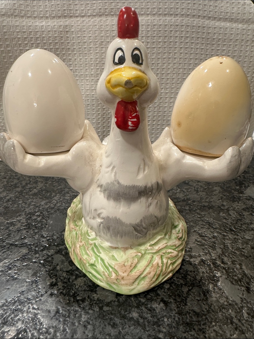 Ceramic Chicken Egg Holder - White with Red and Yellow Accents